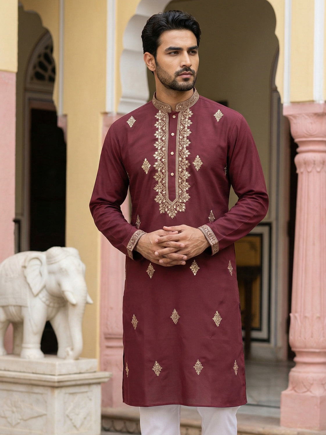 DesiQlo Men Embroidered Kurta Only - Maroon - 65KO_5473Maroon_S