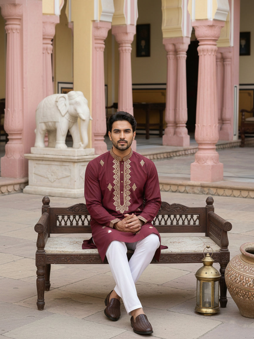 DesiQlo Men Embroidered Kurta Only - Maroon - 65KO_5473Maroon_S