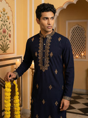 Men Japanese Fabric Embroidered Kurta ( 65KO 5473Navy S ) [FF] [H-10]