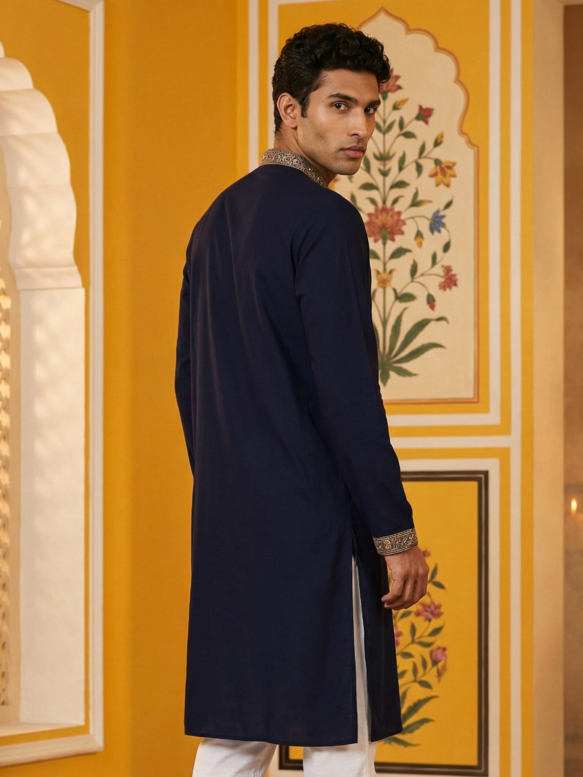 DesiQlo Men Embroidered Kurta Only - Blue - 65KO_5473Navy_S