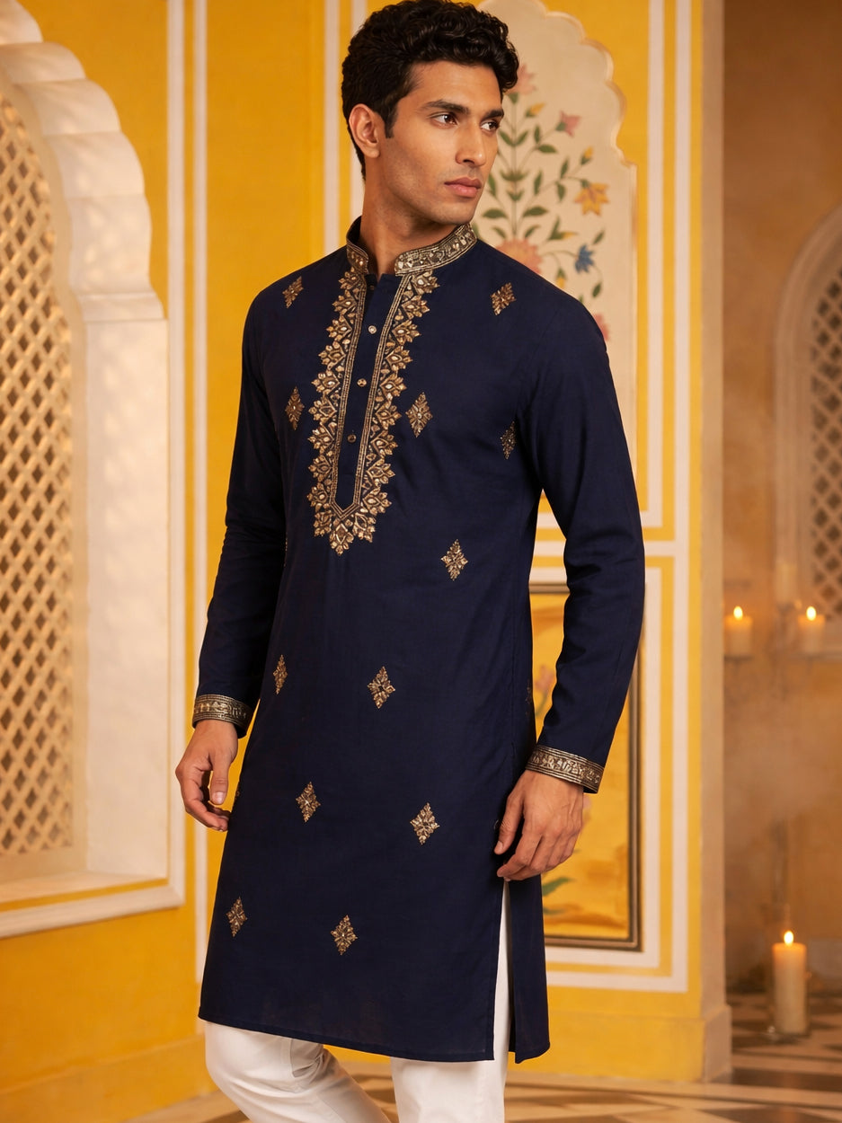DesiQlo Men Embroidered Kurta Only - Blue - 65KO_5473Navy_S