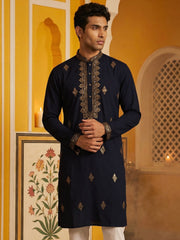 Men Japanese Fabric Embroidered Kurta ( 65KO 5473Navy S ) [FF] [H-10]