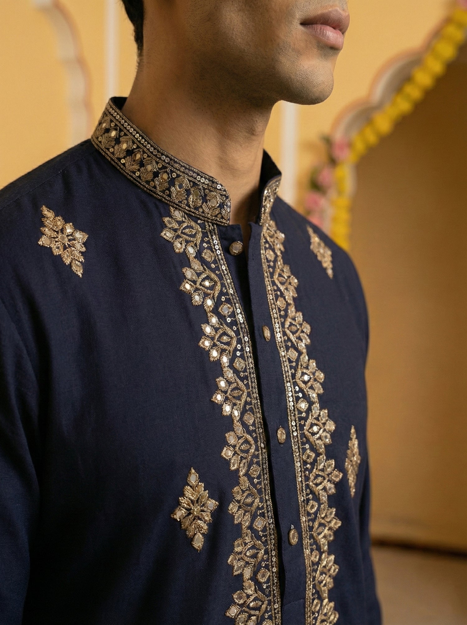 DesiQlo Men Embroidered Kurta Only - Blue - 65KO_5473Navy_S