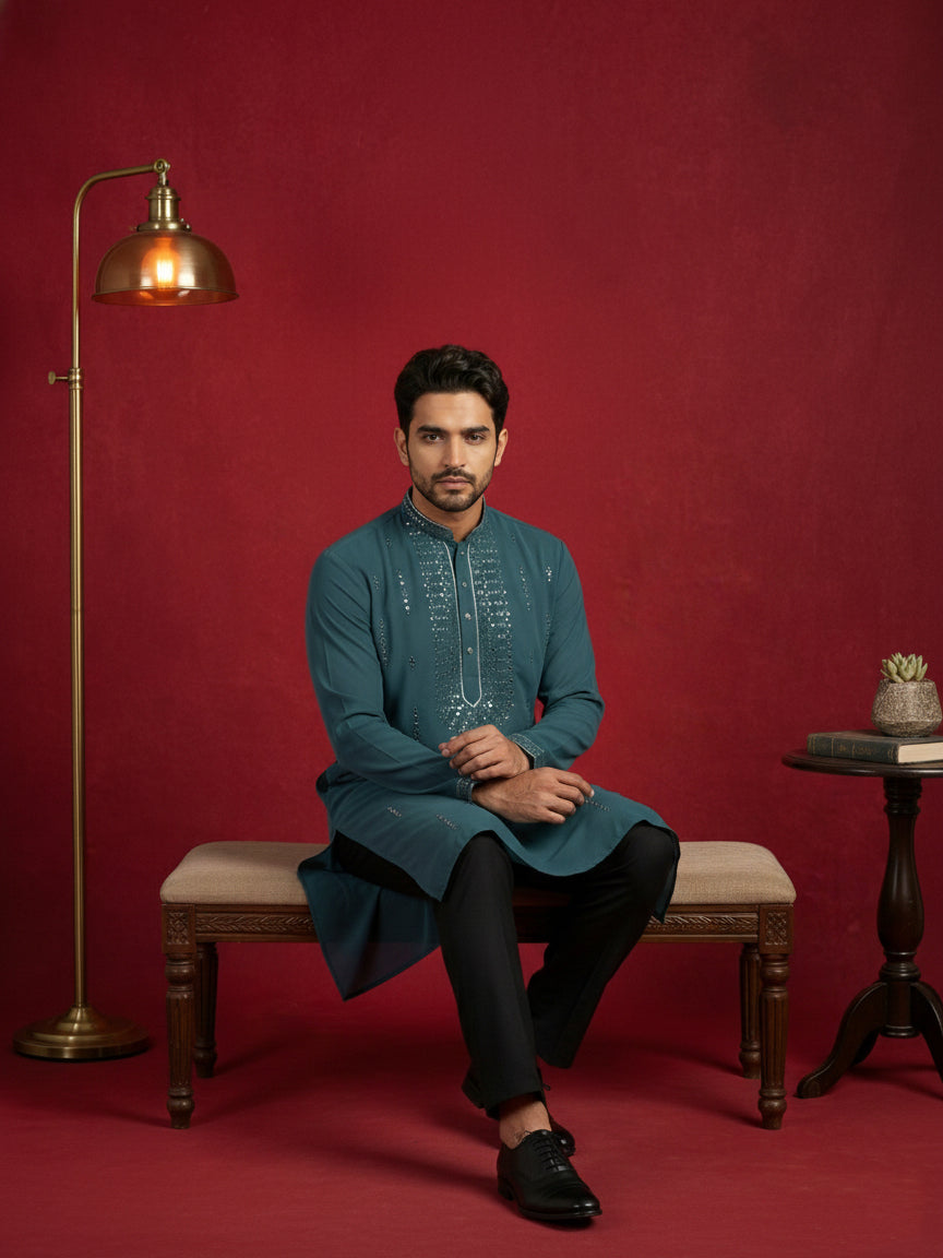 DesiQlo Men Embroidered Kurta Only - Blue - 65KO_5474Blue_S