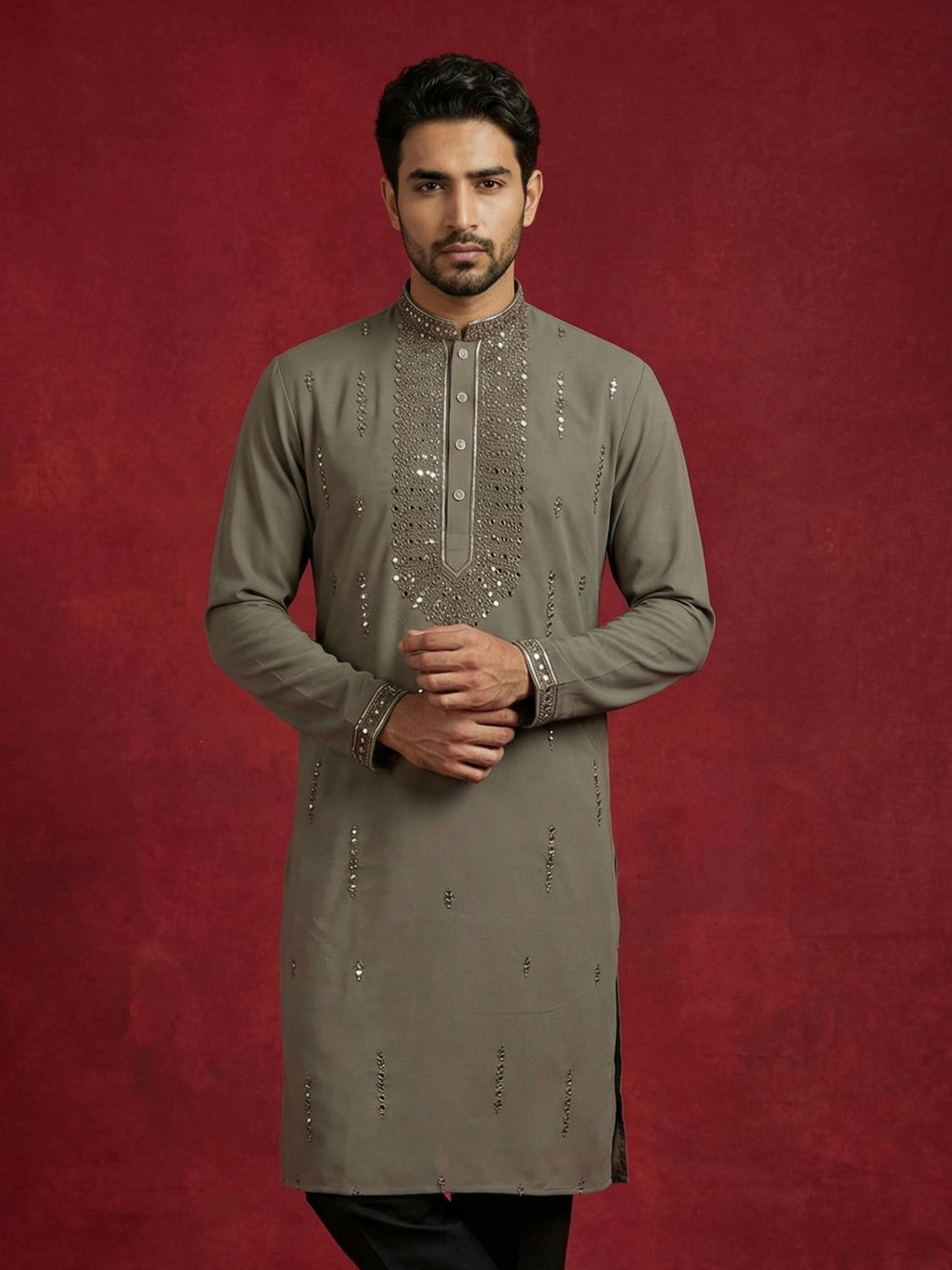 DesiQlo Men Embroidered Kurta Only - Brown - 65KO_5474Brown_S