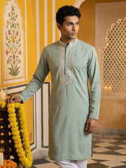 Men Japanese Fabric Embroidered Kurta ( 65KO 5475Green S ) [FF] [N-4]