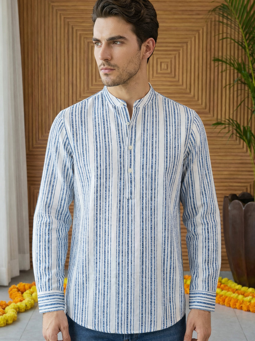 Stripe Pattern Cotton Blend Ethnic Kurta ( 65KO 5482White S ) [FF] [K-13]