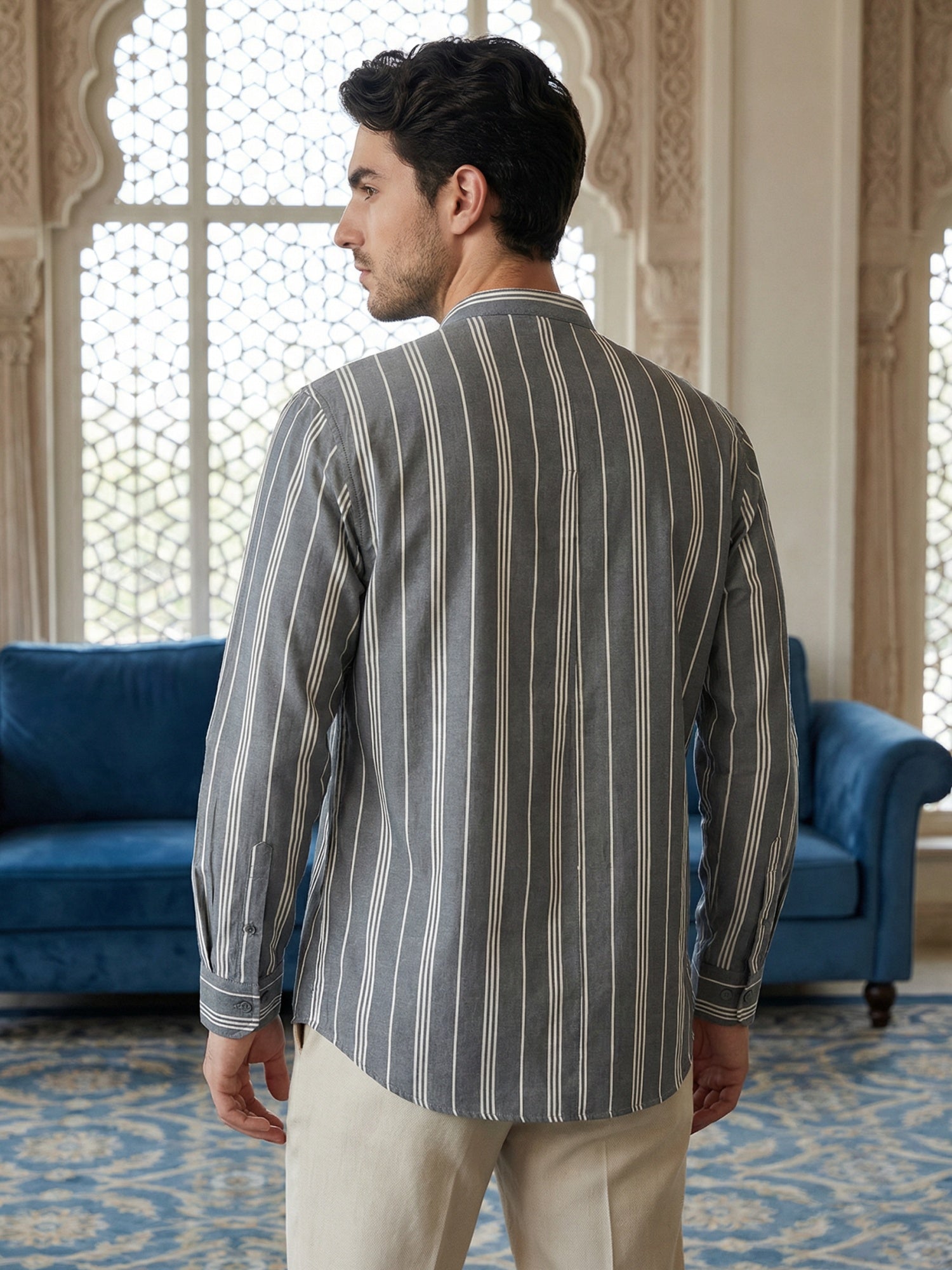 DesiQlo Men Striped Kurta Only - Grey - 65KO_5485Grey_S