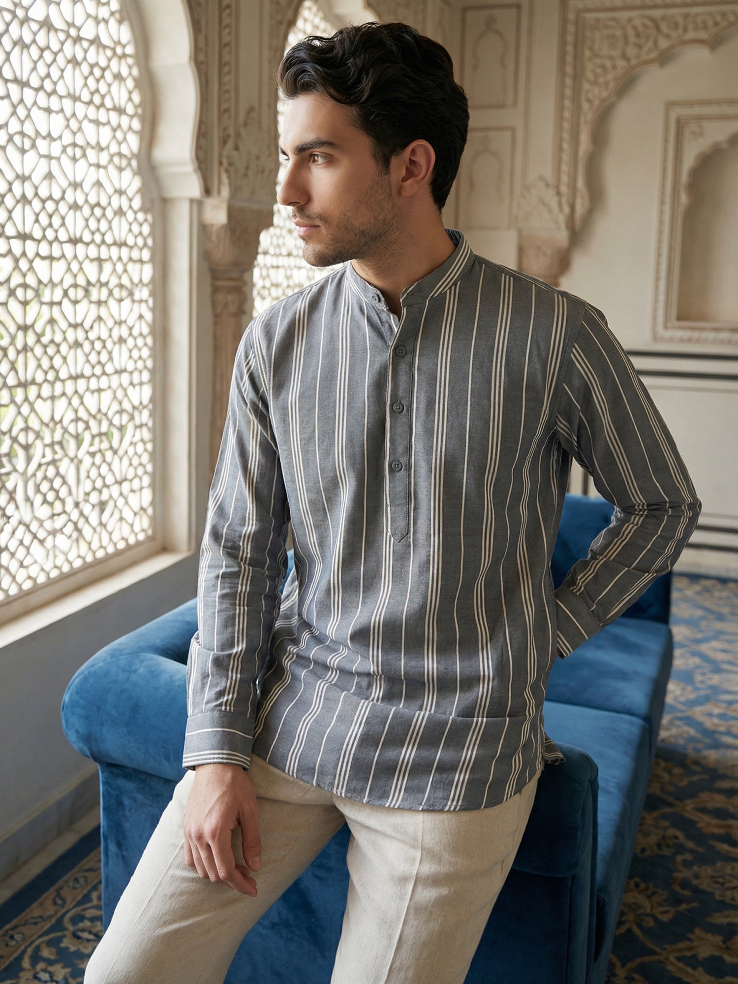 DesiQlo Men Striped Kurta Only - Grey - 65KO_5485Grey_S