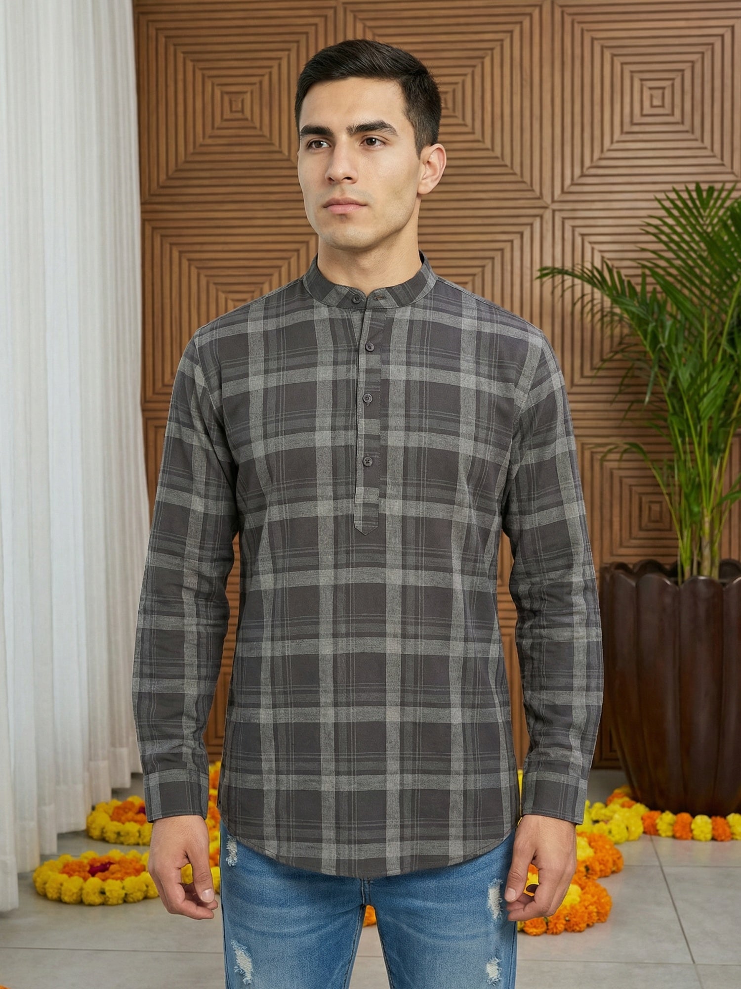 DesiQlo Men Checked Kurta Only - Grey - 65KO_5486Grey_S
