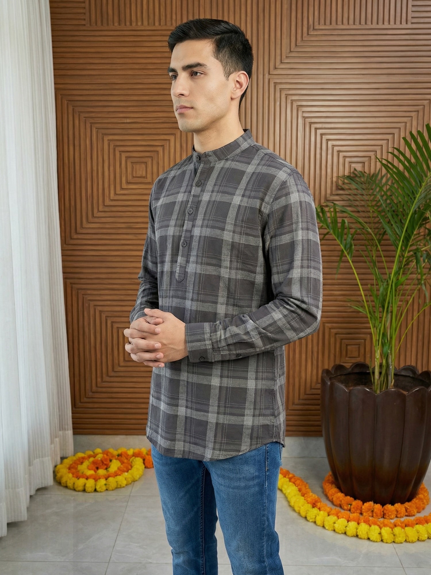 DesiQlo Men Checked Kurta Only - Grey - 65KO_5486Grey_S