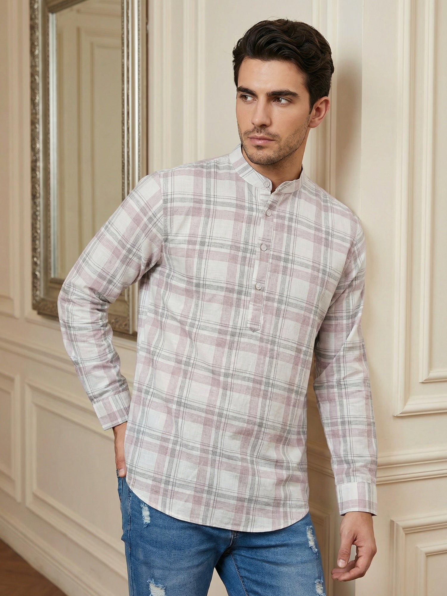 DesiQlo Men Checked Kurta Only - Pink - 65KO_5486Pink_S