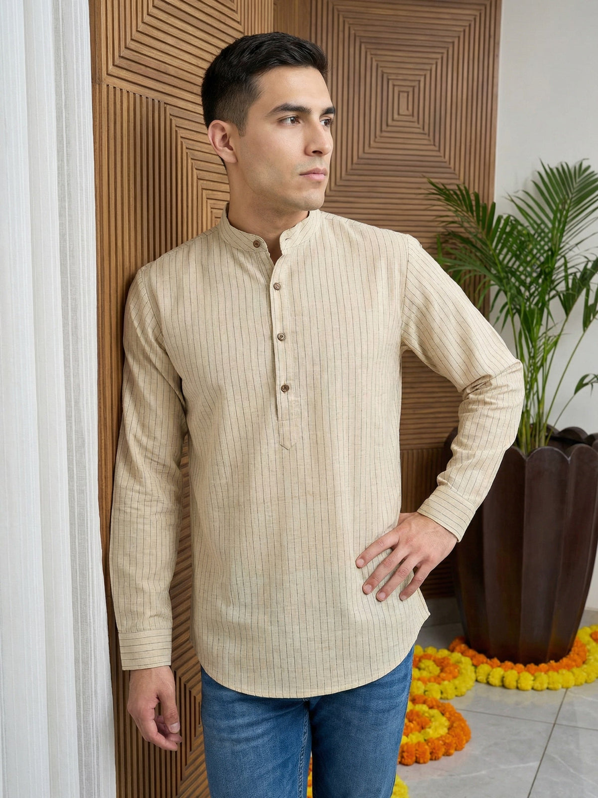 Men Striped Pure Cotton Short Kurta ( 65KO 5487Beige S ) [FF] [K-13]
