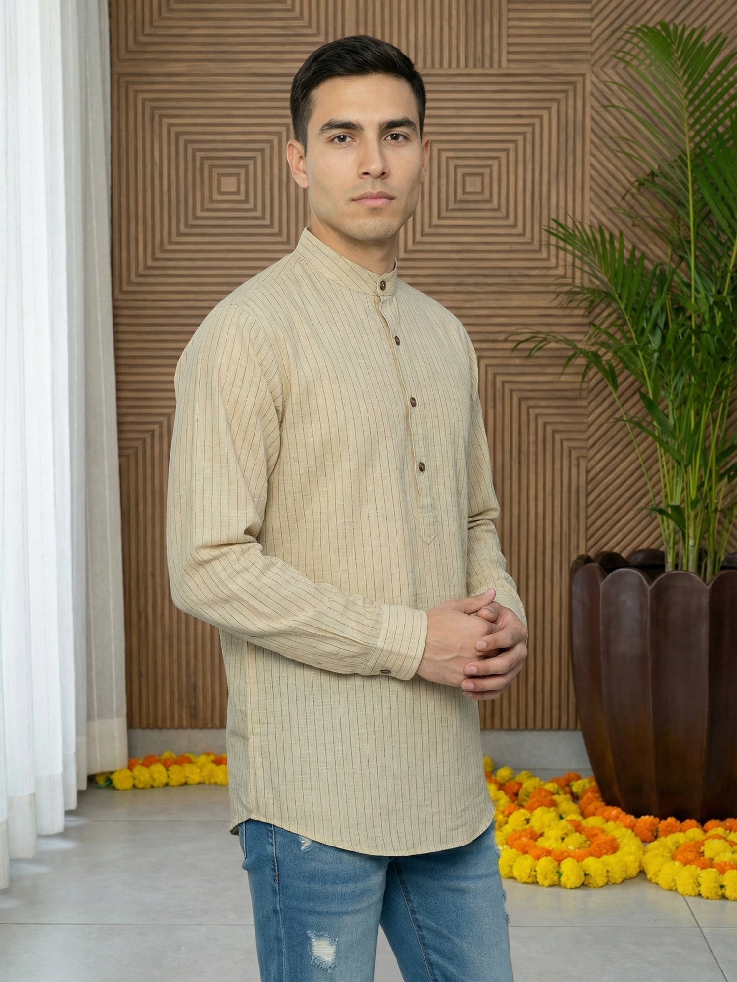 DesiQlo Men Striped Kurta Only - Beige - 65KO_5487Beige_S