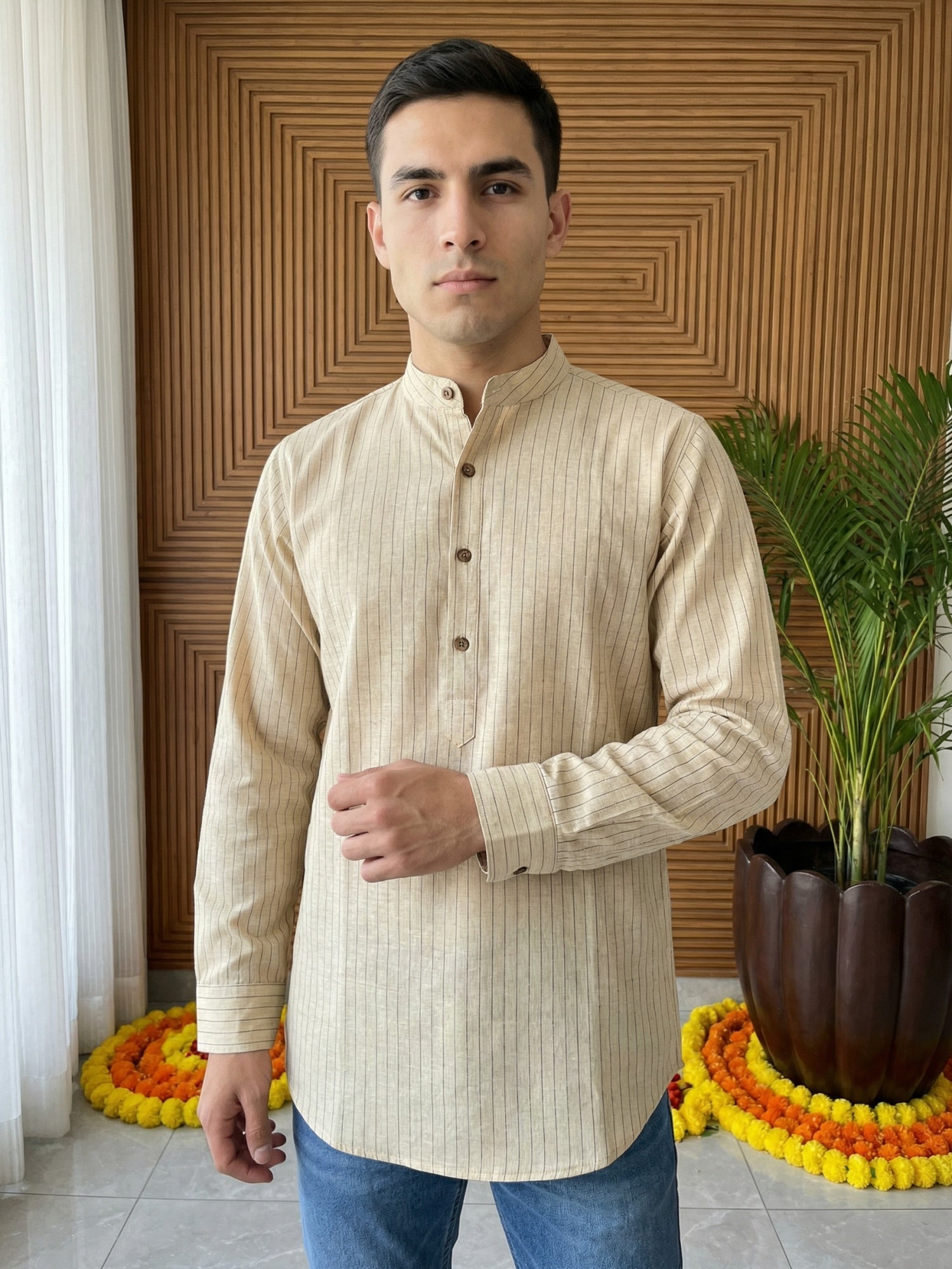 DesiQlo Men Striped Kurta Only - Beige - 65KO_5487Beige_S