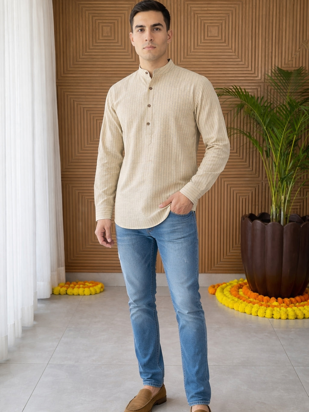 DesiQlo Men Striped Kurta Only - Beige - 65KO_5487Beige_S