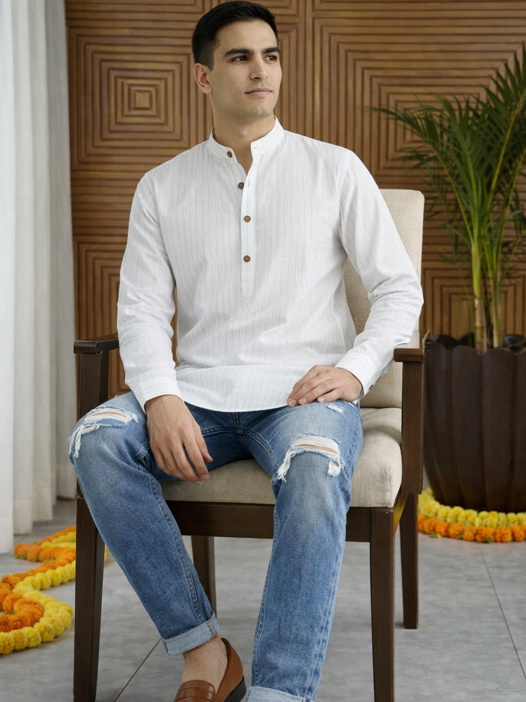 DesiQlo Men Striped Kurta Only - White - 65KO_5487White_S