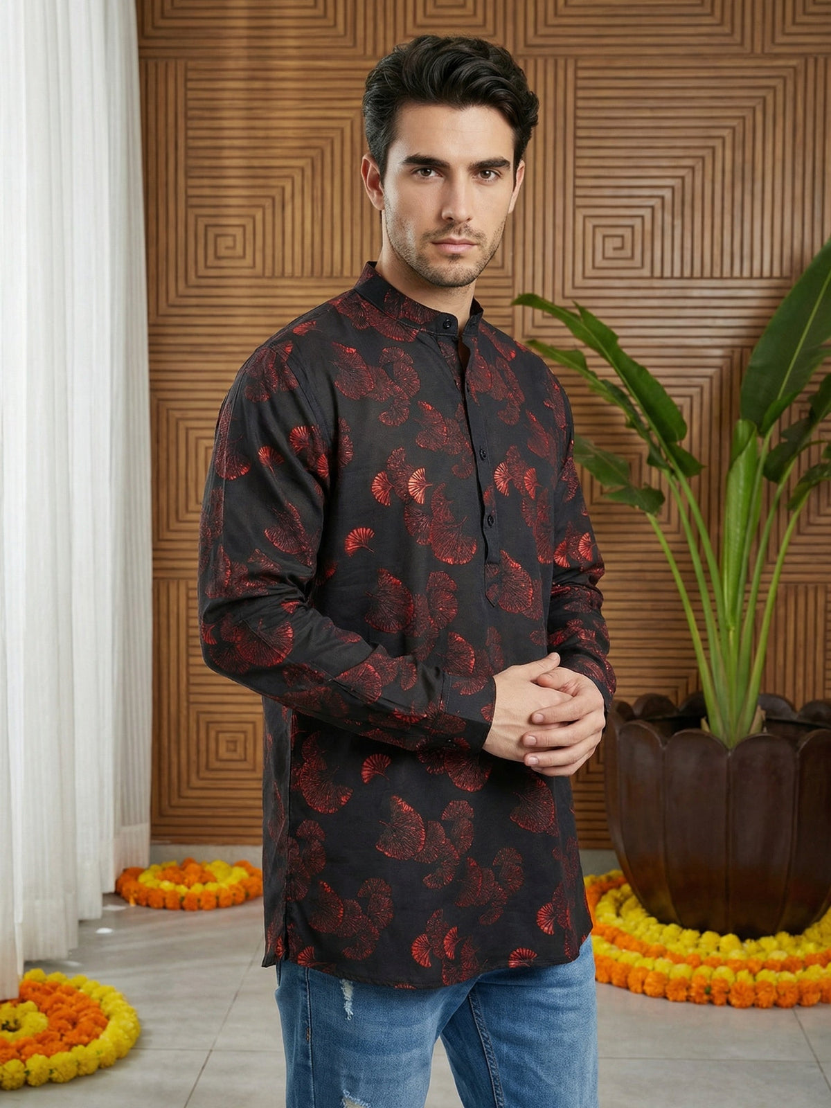 Men Classic Floral Design Short Kurta ( 65KO 5493Black S ) [FF] [K-13]