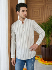 Men Cotton Blend Striped Short Kurta ( 65KO 5494White S ) [FF] [D-1]