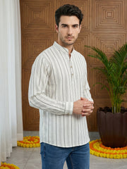 Men Cotton Blend Striped Short Kurta ( 65KO 5494White S ) [FF] [D-1]