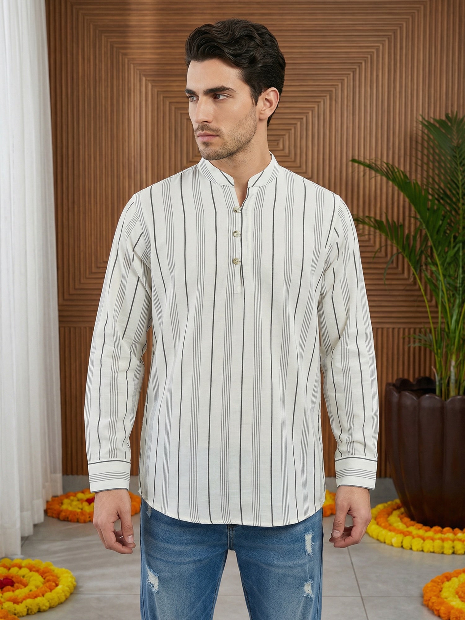 DesiQlo Men Striped Kurta Only - White - 65KO_5494White_S