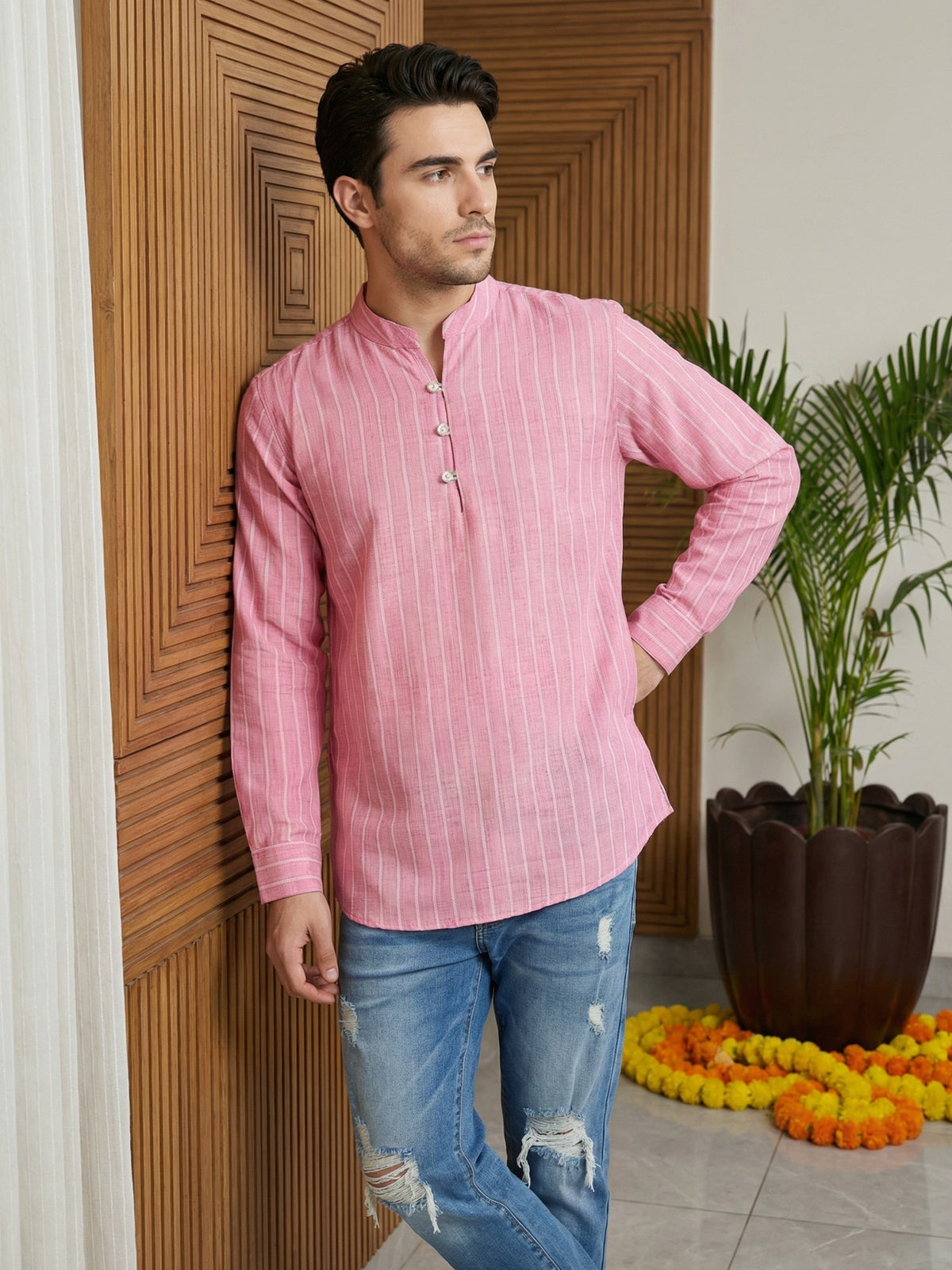 Men Striped Cotton Blend Short Kurta ( 65KO 5495Pink S ) [FF] [K-14]