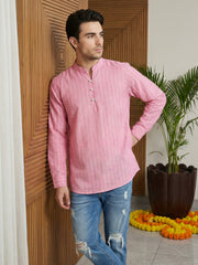 Men Striped Cotton Blend Short Kurta ( 65KO 5495Pink S ) [FF] [K-14]
