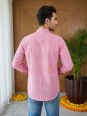 Men Striped Cotton Blend Short Kurta ( 65KO 5495Pink S ) [FF] [K-14]