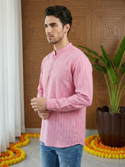 Men Striped Cotton Blend Short Kurta ( 65KO 5495Pink S ) [FF] [K-14]
