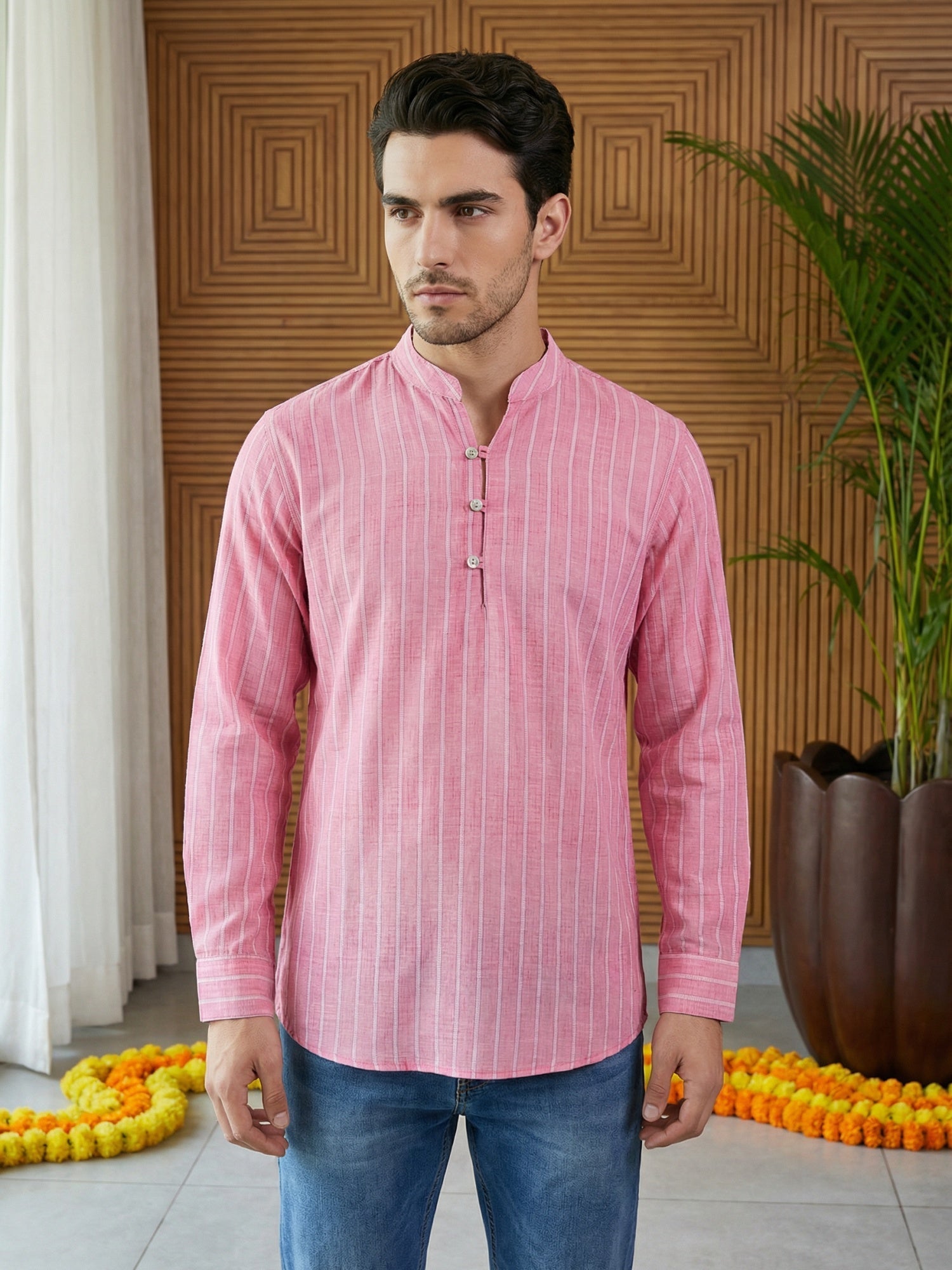 DesiQlo Men Striped Kurta Only - Pink