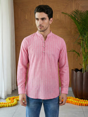 Men Striped Cotton Blend Short Kurta ( 65KO 5495Pink S ) [FF] [K-14]