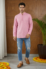 Men Striped Cotton Blend Short Kurta ( 65KO 5495Pink S ) [FF] [K-14]