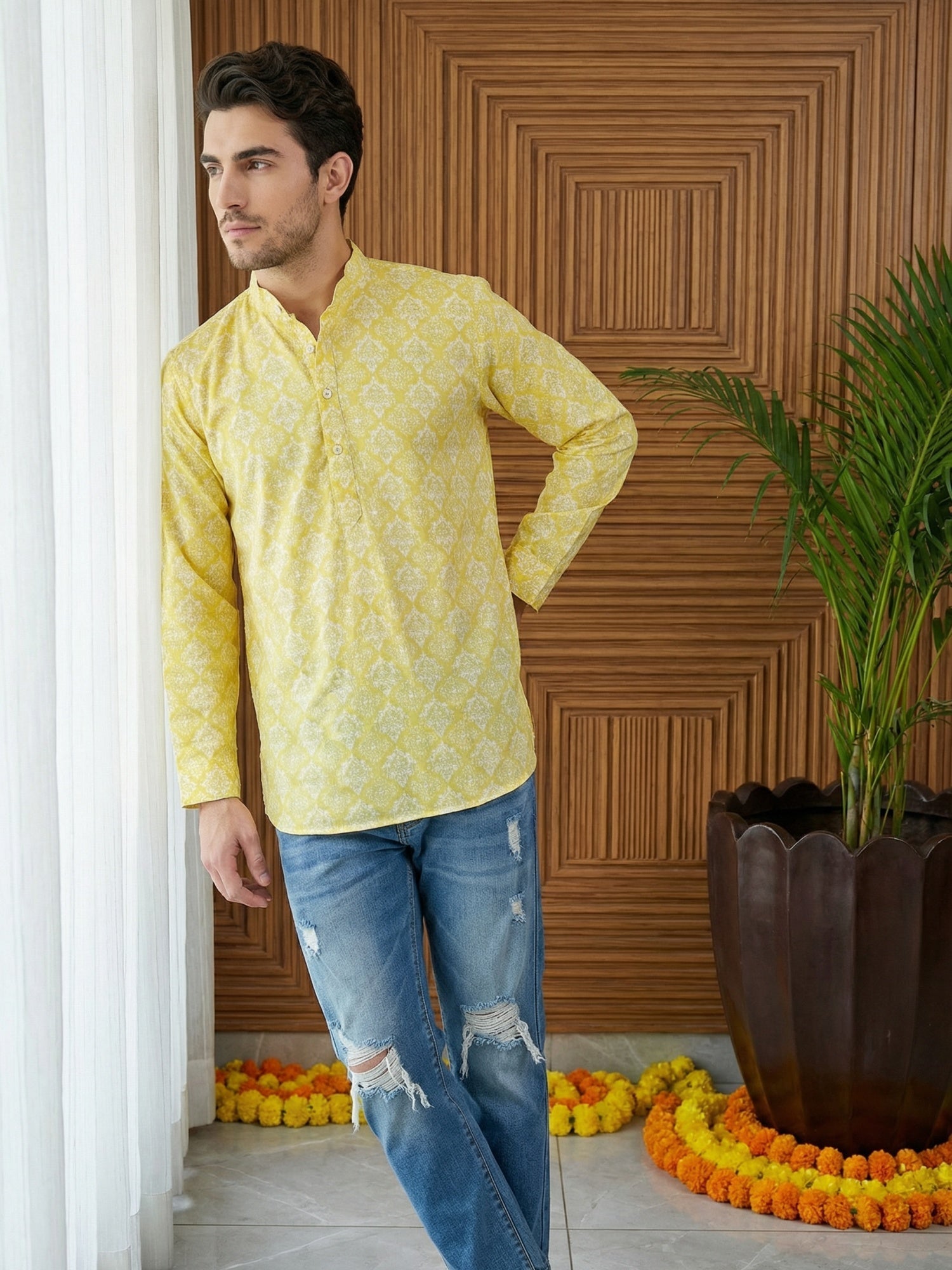 DesiQlo Men Printed Kurta Only - Yellow - 65KO_5496Yellow_S