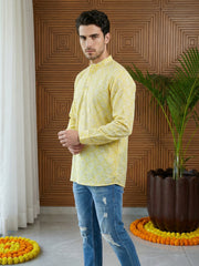 Men Printed Cotton Blend Short Kurta ( 65KO 5496Yellow S ) [FF] [A-14]