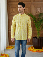 Men Printed Cotton Blend Short Kurta ( 65KO 5496Yellow S ) [FF] [A-14]