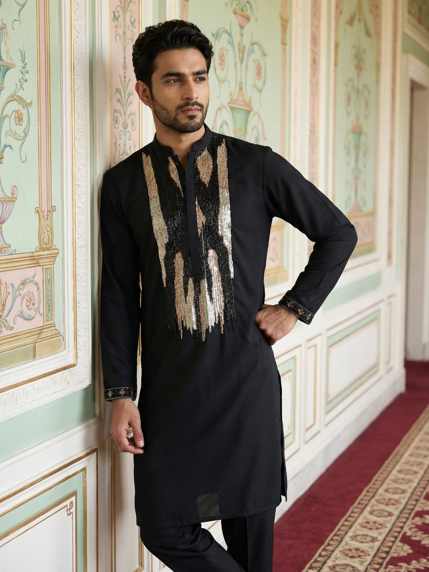 DesiQlo Men Embroidered Kurta Only - Black - 65KO_5497Black_S