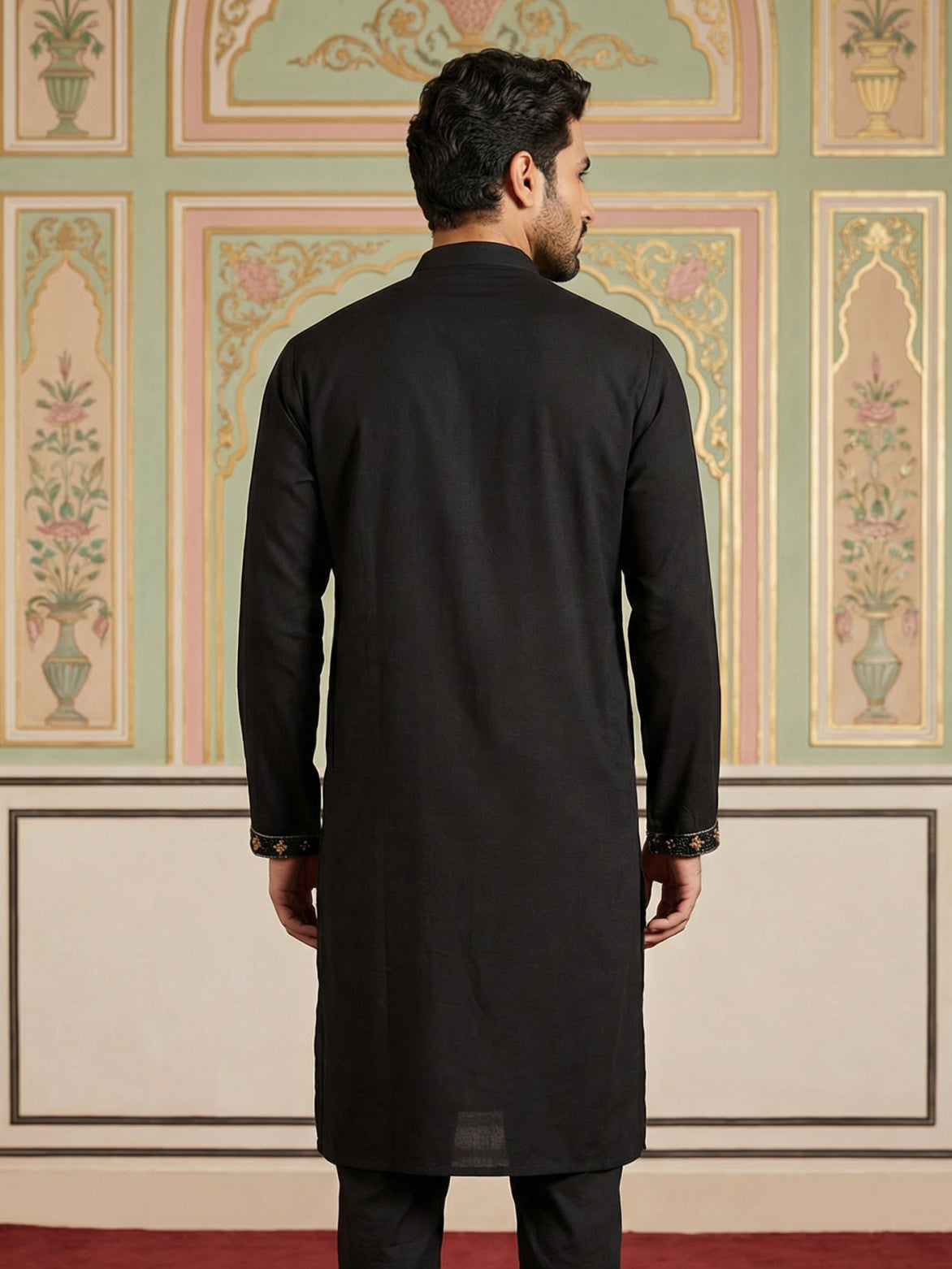 DesiQlo Men Embroidered Kurta Only - Black - 65KO_5497Black_S