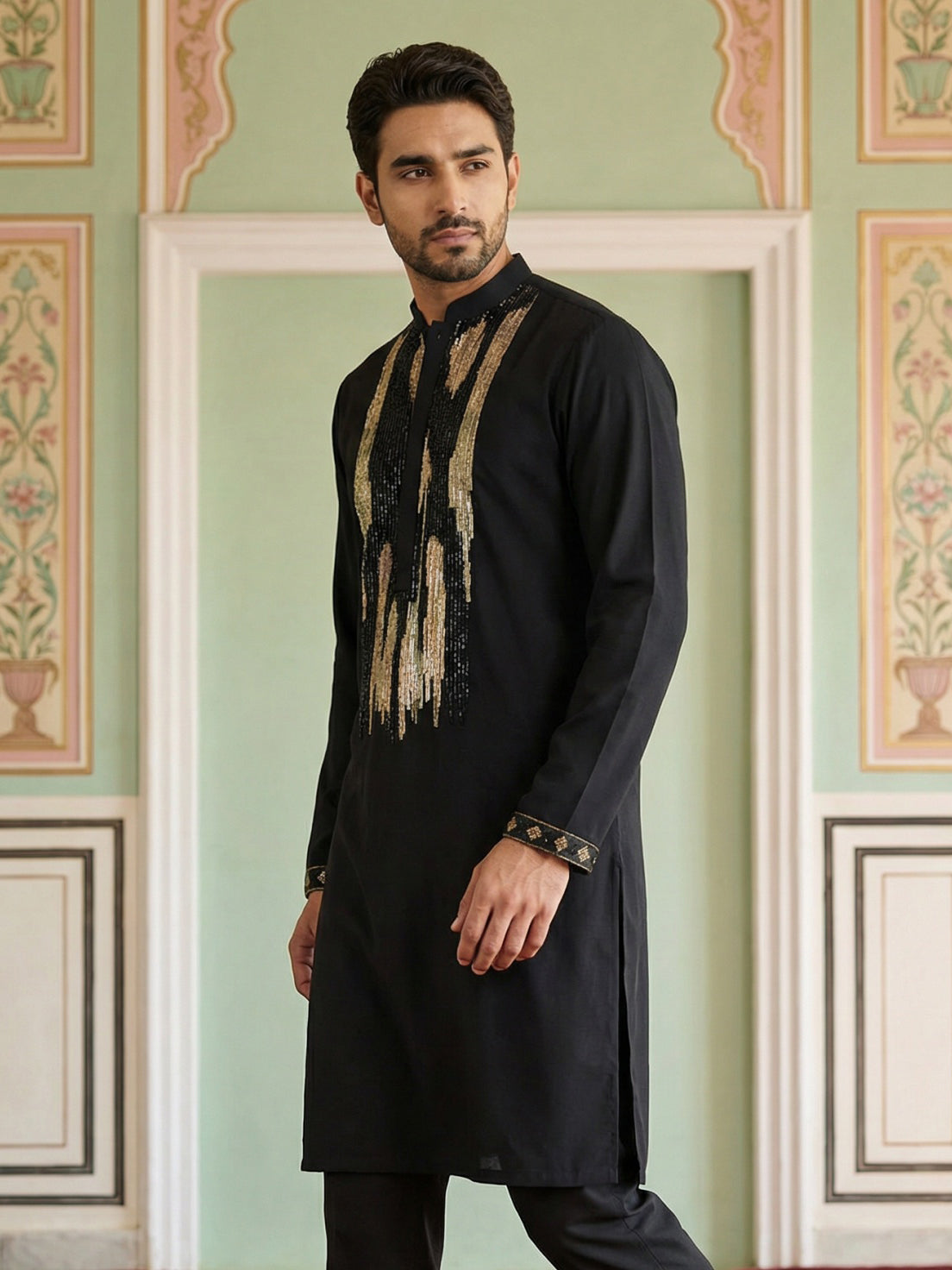 DesiQlo Men Embroidered Kurta Only - Black - 65KO_5497Black_S