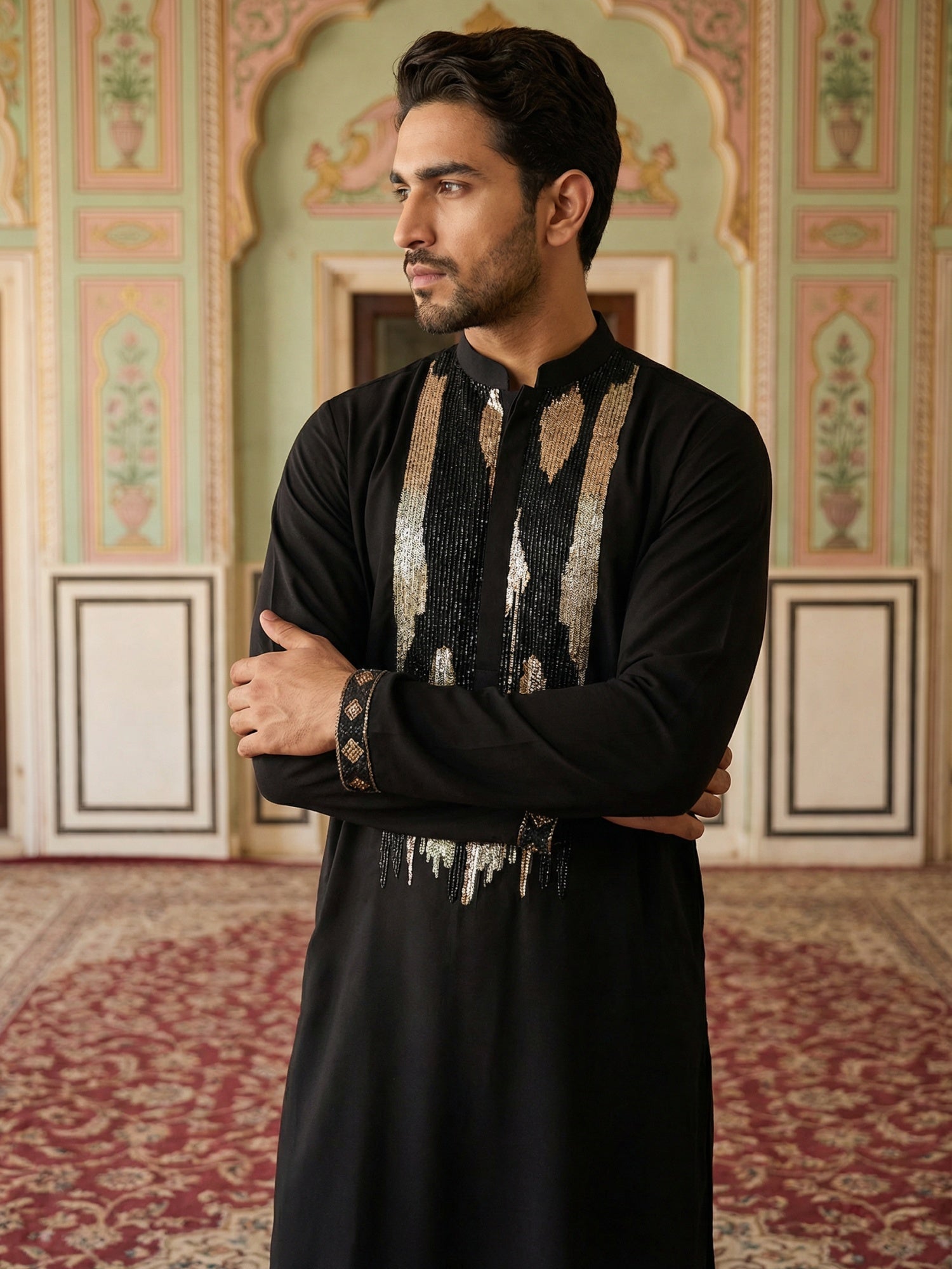 DesiQlo Men Embroidered Kurta Only - Black - 65KO_5497Black_S