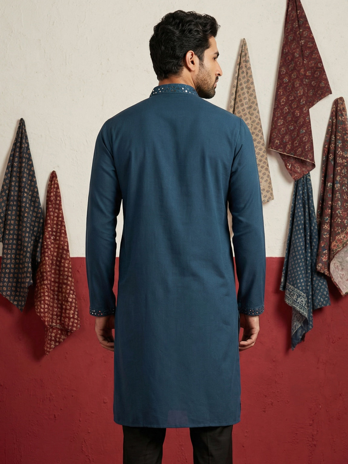 DesiQlo Men Embroidered Kurta Only - Multicolor - 65KO_5497Peacock_S