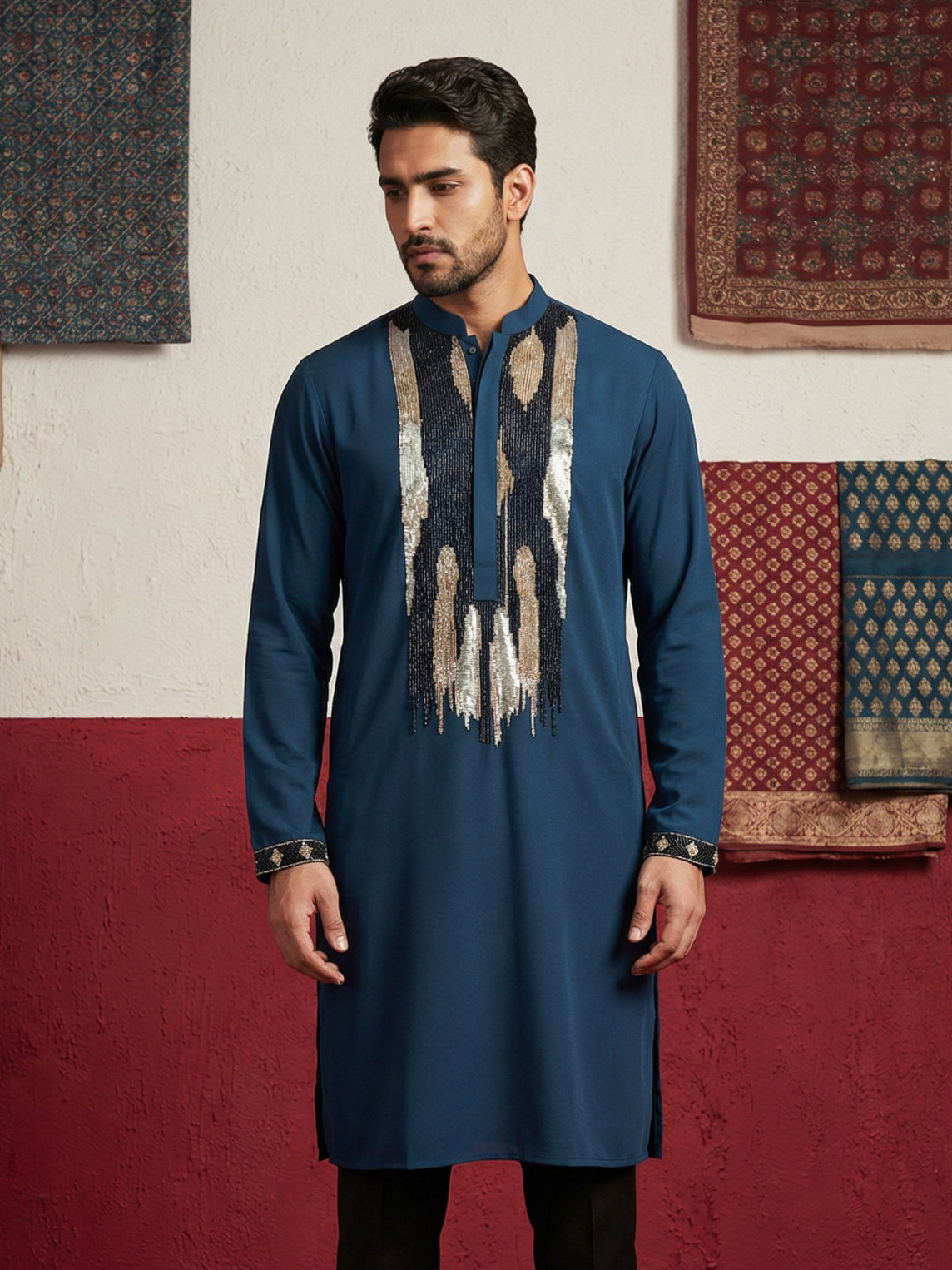 DesiQlo Men Embroidered Kurta Only - Multicolor - 65KO_5497Peacock_S
