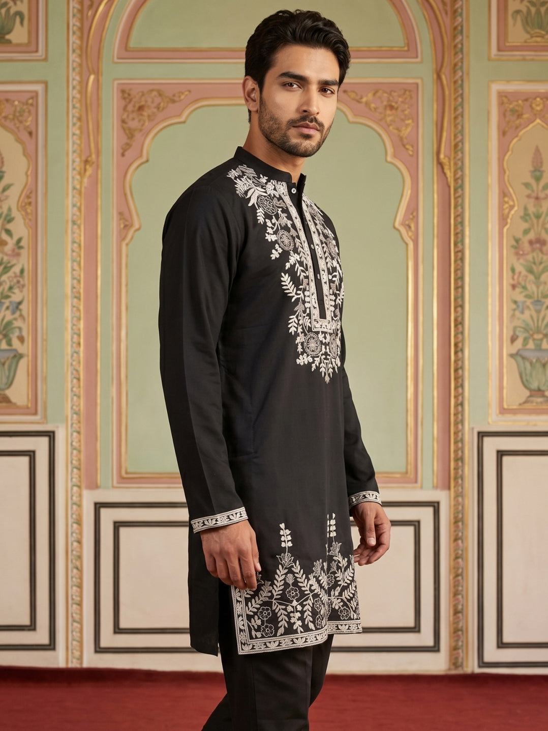 DesiQlo Men Embroidered Kurta Only - Black - 65KO_5498Black_S