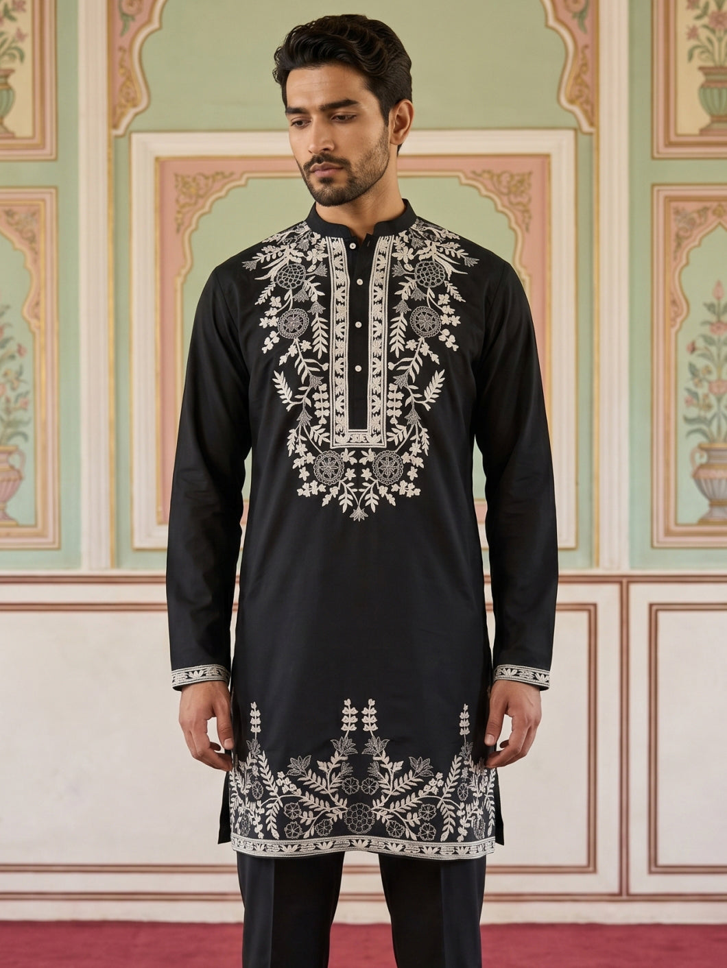 DesiQlo Men Embroidered Kurta Only - Black - 65KO_5498Black_S