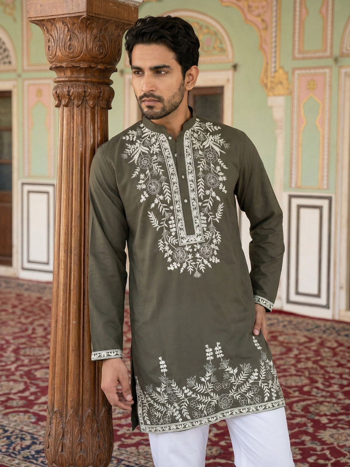Men Japanese Fabric Embroidered Kurta ( 65KO 5498Mehndi S ) [FF] [P-15-14]