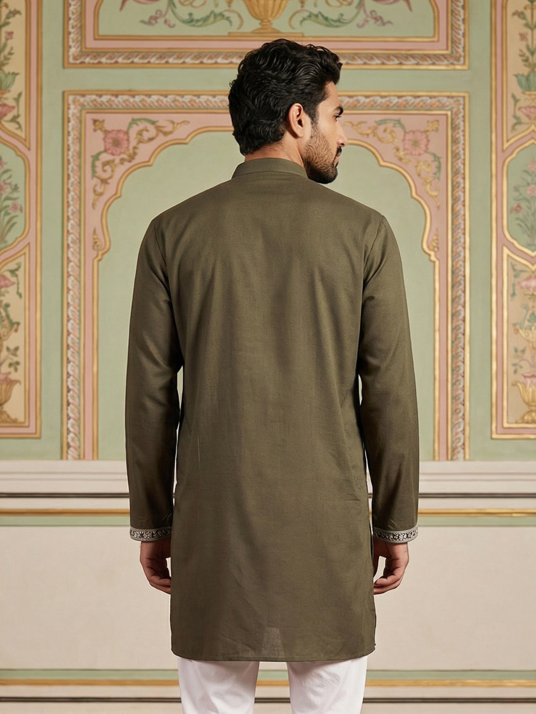 DesiQlo Men Embroidered Kurta Only - Green - 65KO_5498Mehndi_S