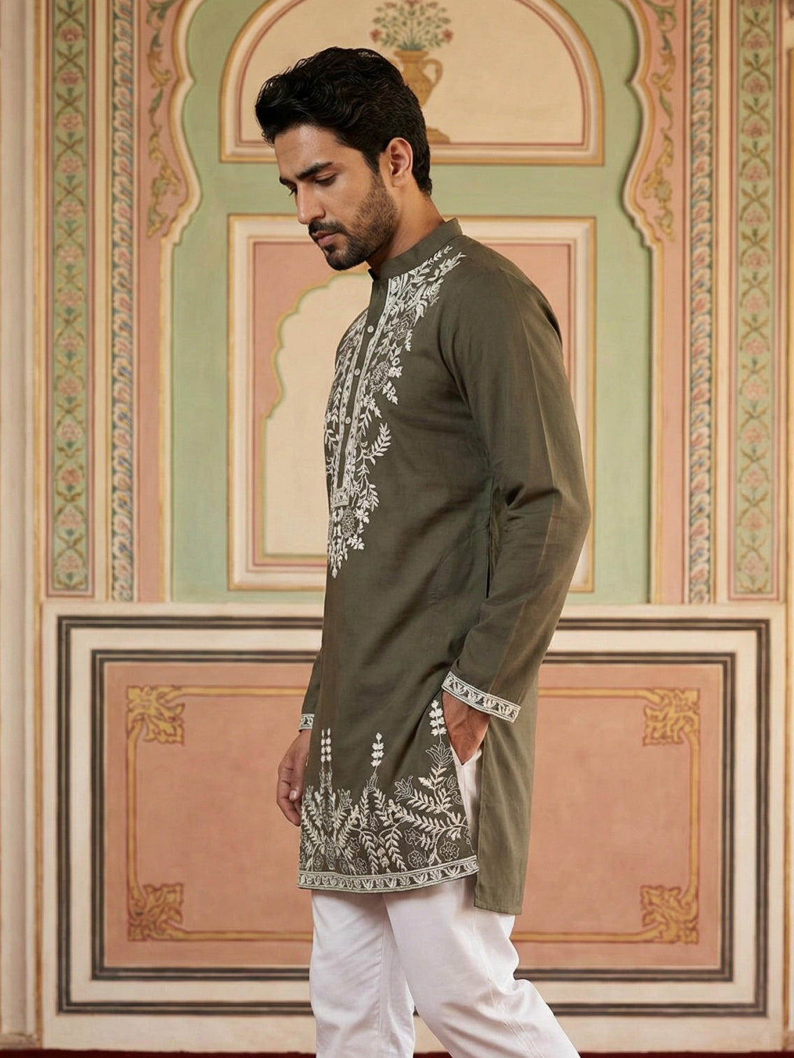 DesiQlo Men Embroidered Kurta Only - Green - 65KO_5498Mehndi_S