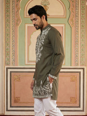 Men Japanese Fabric Embroidered Kurta ( 65KO 5498Mehndi S ) [FF] [P-15-14]