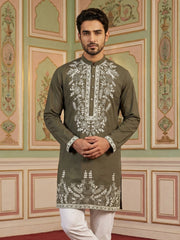 Men Japanese Fabric Embroidered Kurta ( 65KO 5498Mehndi S ) [FF] [P-15-14]