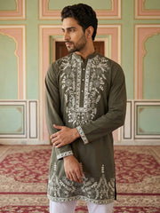 Men Japanese Fabric Embroidered Kurta ( 65KO 5498Mehndi S ) [FF] [P-15-14]