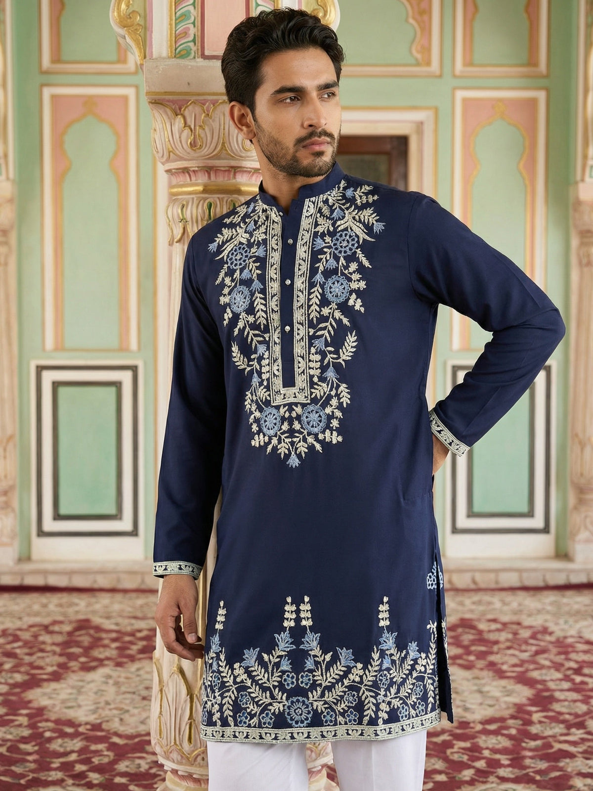 Men Japanese Fabric Embroidered Kurta ( 65KO 5498Navy S ) [FF] [P-15-14]